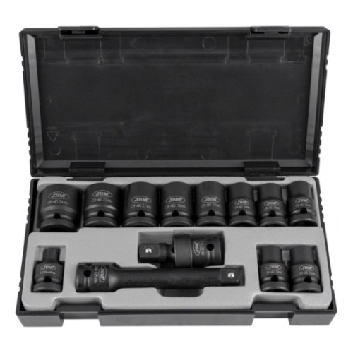 Impact socket set 1/2" 13 pcs 10-22mm + extension, universal joint JBM