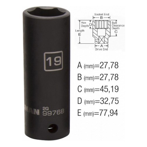 Impact socket 1/2" deep 19mm Steelman PRO/JS 28x78mm