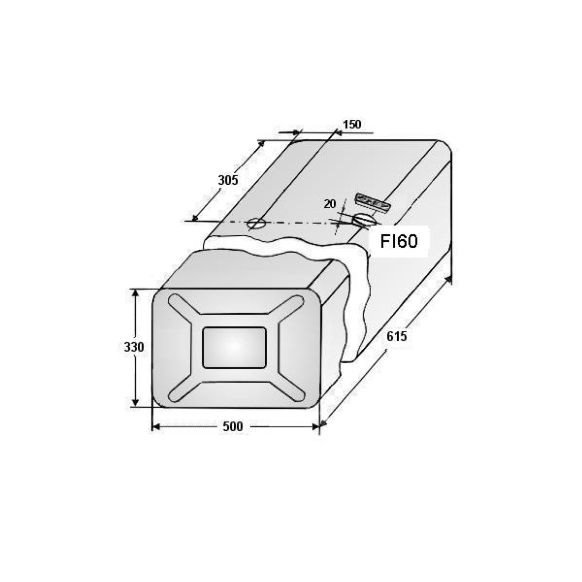 Топливный бак универсальный стальной 100L 615x500xH330