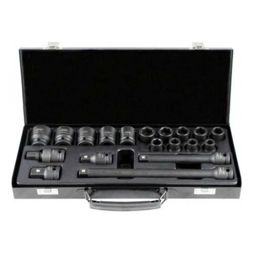 19-pc 1/2" impact socket and extension set 10-27mm metal case Jbm