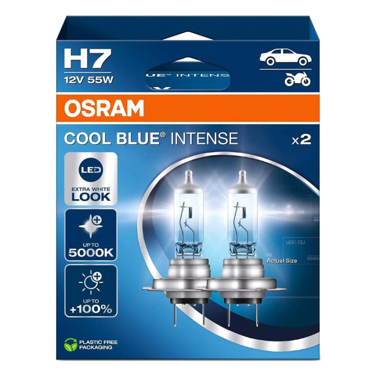 12V H7 Pirn 55W +100% 5000K Cool Blue Intense 2Tk Osram