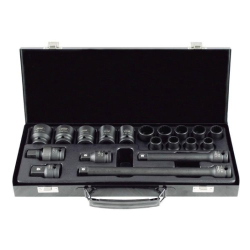 Impact socket and extension set 1/2" 10-27mm 12-point in metal case 19 pcs JBM