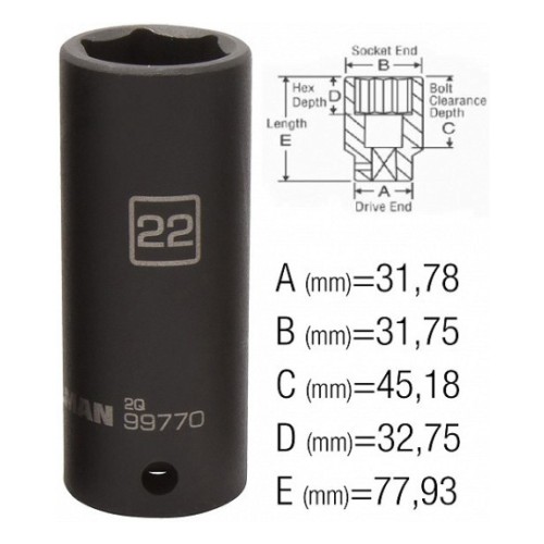 1/2" long impact socket 22mm. Steelman PRO/Js 32x78mm