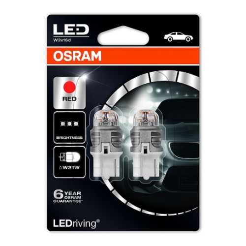Светодиодная лампа W21W T20 W3x16d 12 В 1,5 Вт красная Premium 2 шт. в блистере Osram