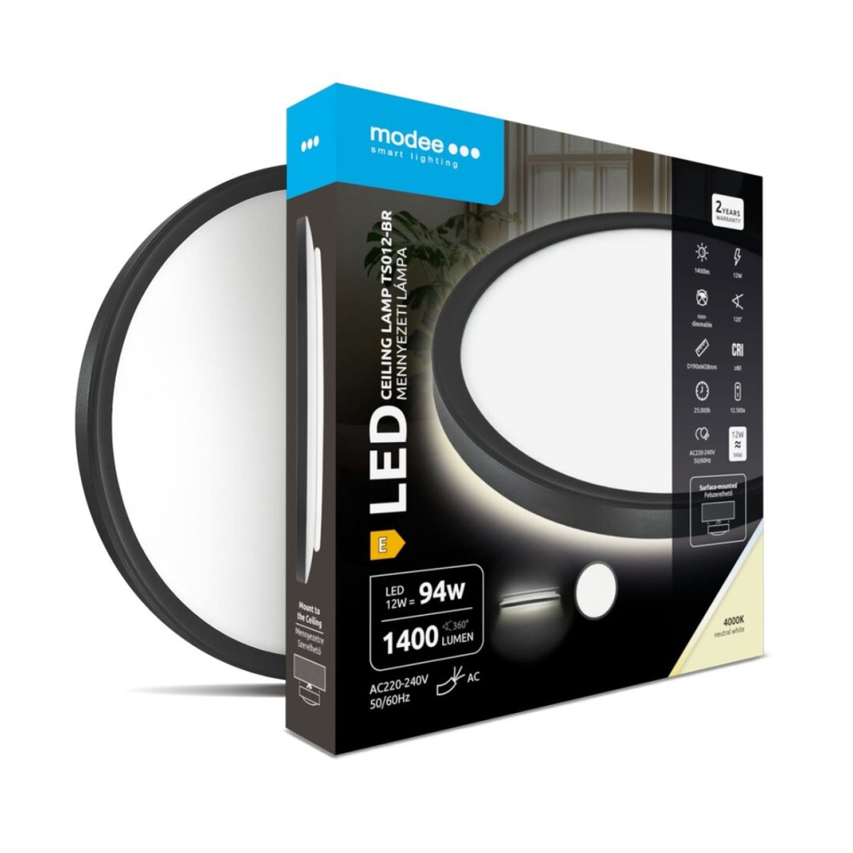 Светодиодный потолочный светильник MODEE TS012-BR круглый 12W 4000K (1400 люмен), D190x28mm, чёрный