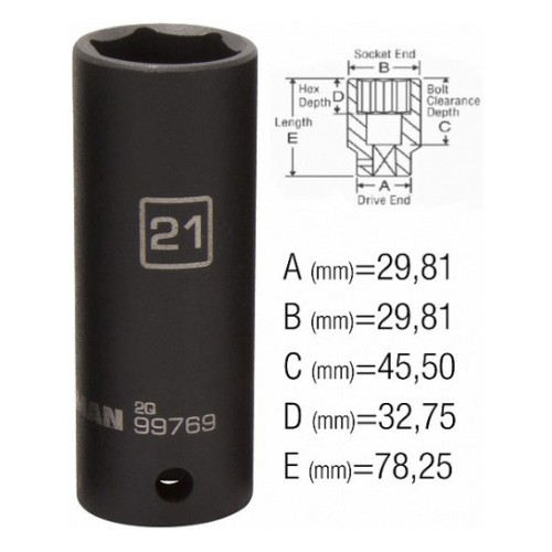 Impact socket 1/2" deep 21mm Steelman PRO/JS 30x78mm