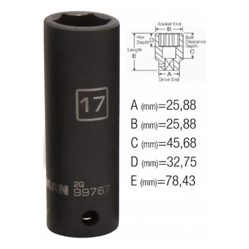 Deep impact socket 1/2" 17mm Steelman PRO/JS 26x78mm